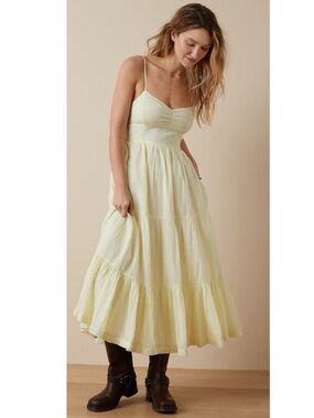 American Eagle Tiered maxi Dress tie back yellow Sz L Boho chic Milkmaid Prairie